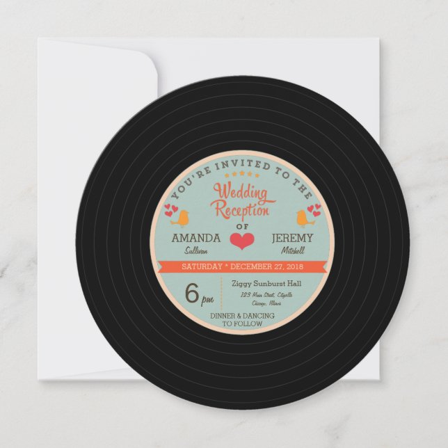 Modern Retro Vinyl Record Wedding Reception Invitation (Front)
