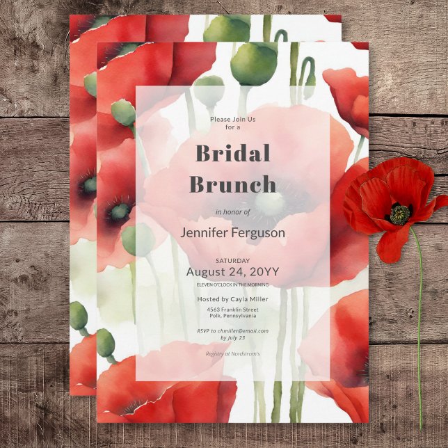 Modern Retro Watercolor Red Poppies Bridal Brunch Invitation (Modern Retro Watercolor Red Poppies Bridal Brunch Invitation)