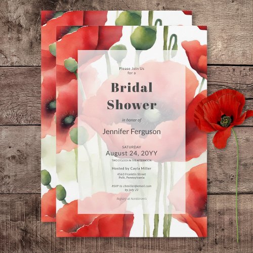 Modern Retro Watercolor Red Poppies Bridal Shower Invitation