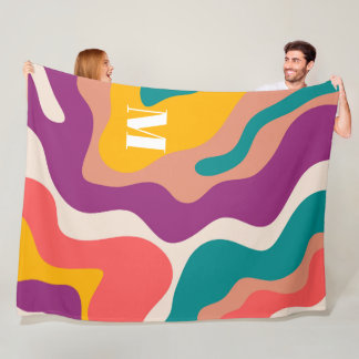 Modern Retro Wave Monogram Colorful Fleece Blanket