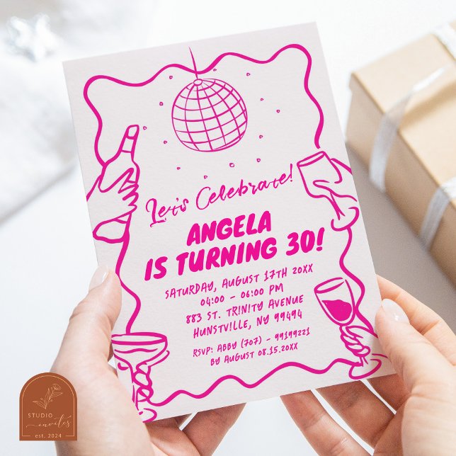 Modern Retro Wavy Hot Pink Illustrated Birthday Invitation (Creator Uploaded)