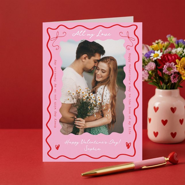 Modern Retro Wavy Pink Red Couple Photo Valentines Holiday Card (Modern Retro Wavy Pink Red Couple Photo Valentines Holiday Card)