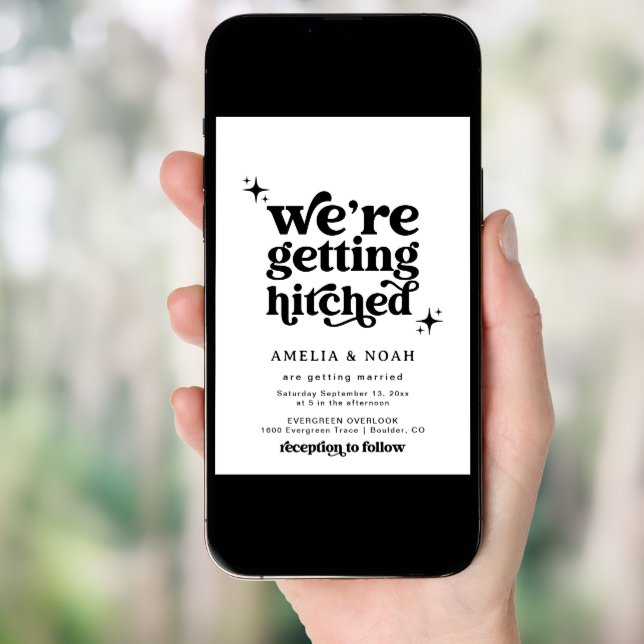 Modern Retro We're Getting Hitched Wedding Invite (Front Digital)