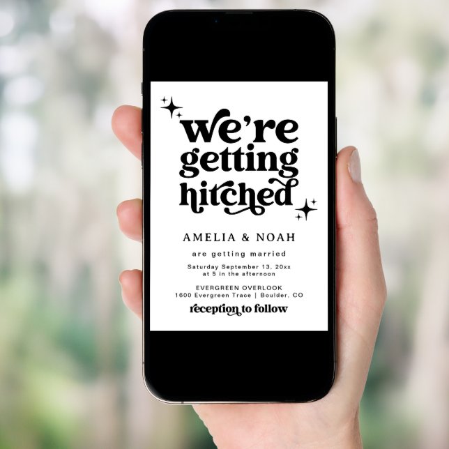 Modern Retro We're Getting Hitched Wedding Invite (Front Digital)