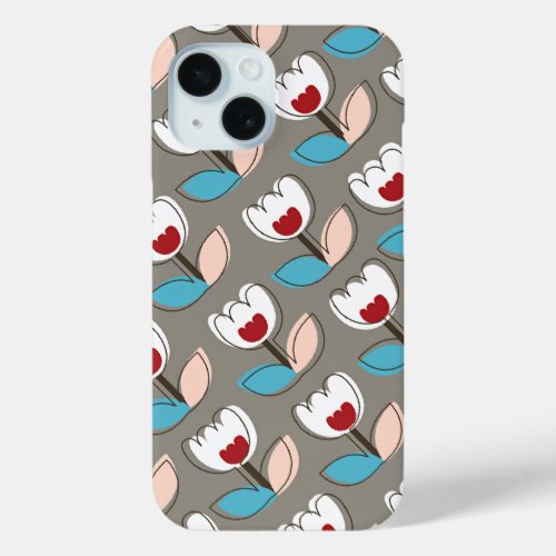 Modern Retro White Tulips Flowers Pattern Chic Fun iPhone 15 Case