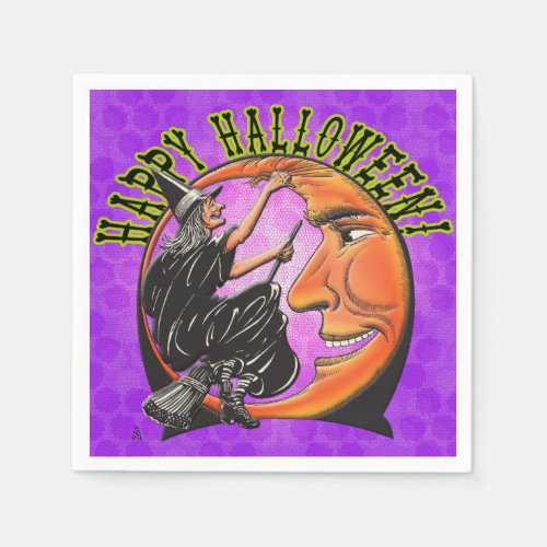 Modern Retro Witch and Moon on Violet Polka Dots Paper Napkins