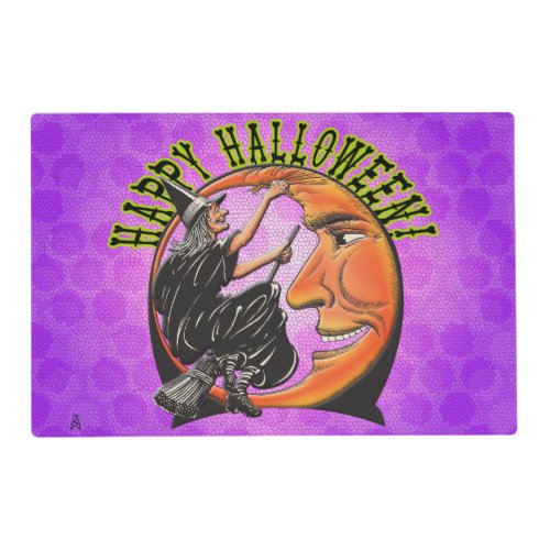 Modern Retro Witch and Moon on Violet Polka Dots Placemat
