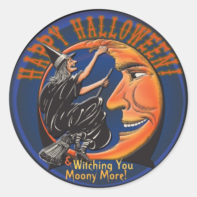 Modern Retro Witch and Moon - Personalized Puns Classic Round Sticker (Front)