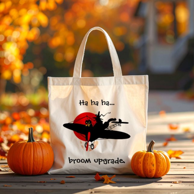 Modern Retro Witch Halloween Bag (Joke Halloween canvas tote bag with a retro witch flying a propeller airplane. Broom upgrade.)
