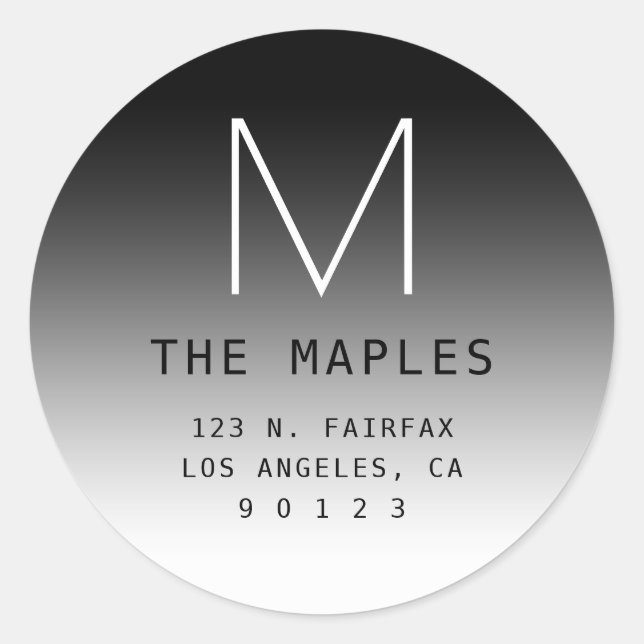 Modern Return Address & Monogram | Black Gradient  Classic Round Sticker (Front)