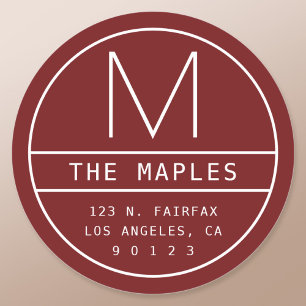 Modern Return Address & Monogram   Burgundy White Classic Round Sticker