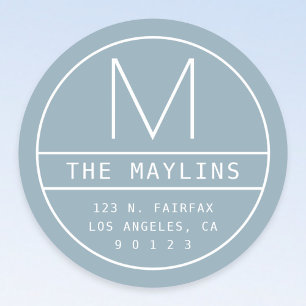 Modern Return Address & Monogram Dusty Blue Classic Round Sticker