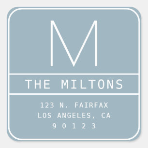 Modern Return Address & Monogram Dusty Blue Square Sticker