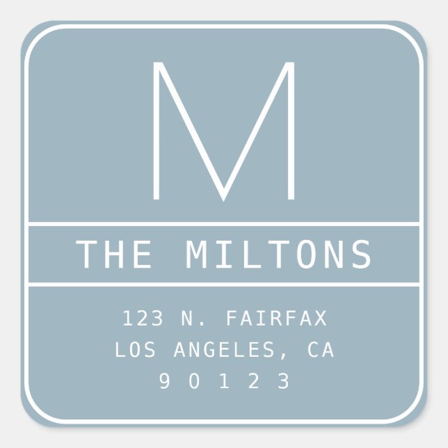 Modern Return Address & Monogram | Dusty Blue Square Sticker (Front)