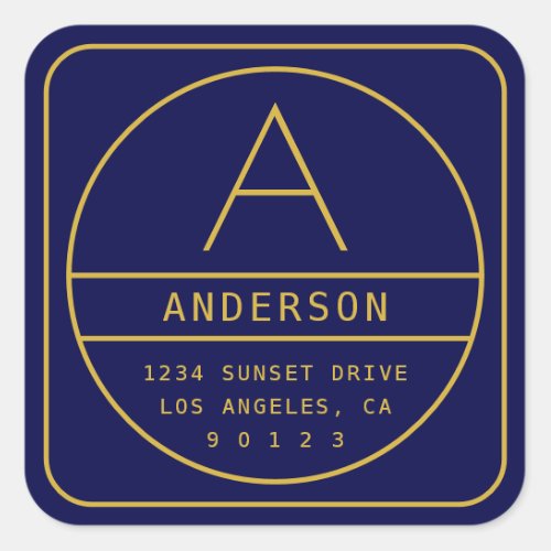 Modern Return Address  Monogram  Gold  Navy Square Sticker