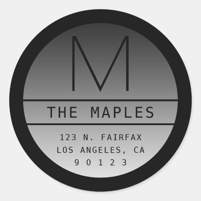Modern Return Address & Monogram | Gradient Black Classic Round Sticker (Front)