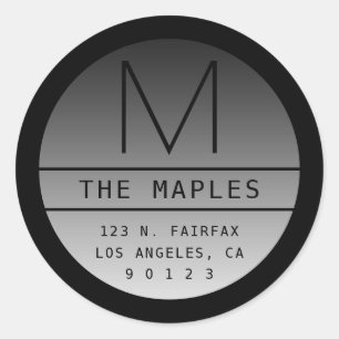 Modern Return Address & Monogram Gradient Black Classic Round Sticker