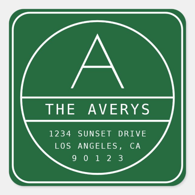 Modern Return Address & Monogram | Green Square Sticker (Front)
