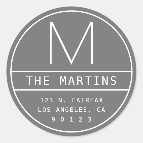 Modern Return Address  Monogram  Grey Classic Round Sticker