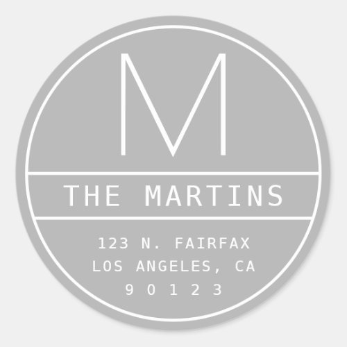 Modern Return Address  Monogram  Light Grey Classic Round Sticker