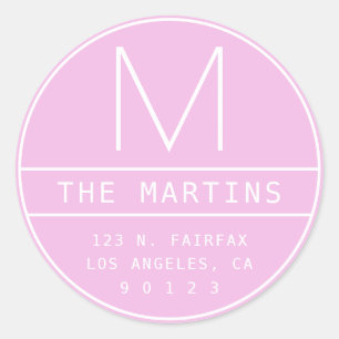 Modern Return Address & Monogram Pink Orchid Classic Round Sticker