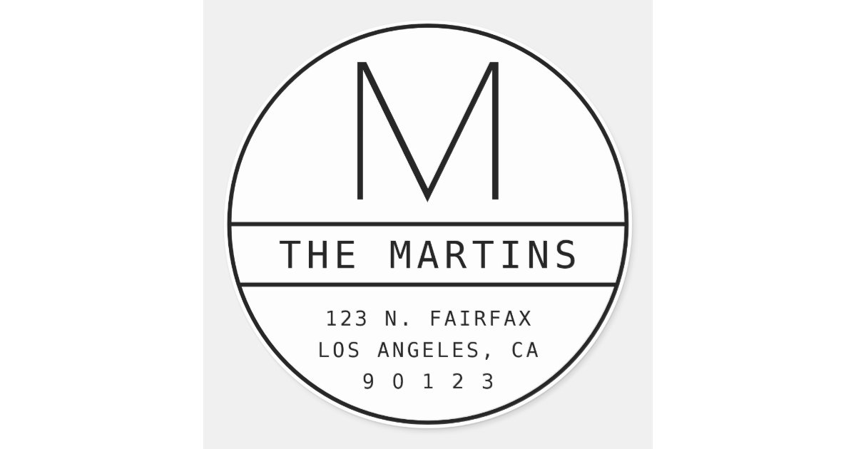 Modern Return Address & Monogram | White & Black Classic Round Sticker | Zazzle.com