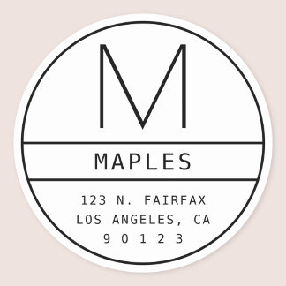 Modern Return Address & Monogram | White & Black Classic Round Sticker