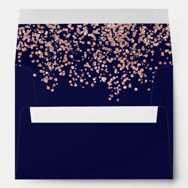 Modern return rose gold glitter navy blue confetti envelope (Back (Bottom))
