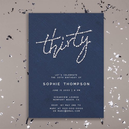 Modern Rhinestones Navy Blue Glam 30th Bday Soiree Invitation