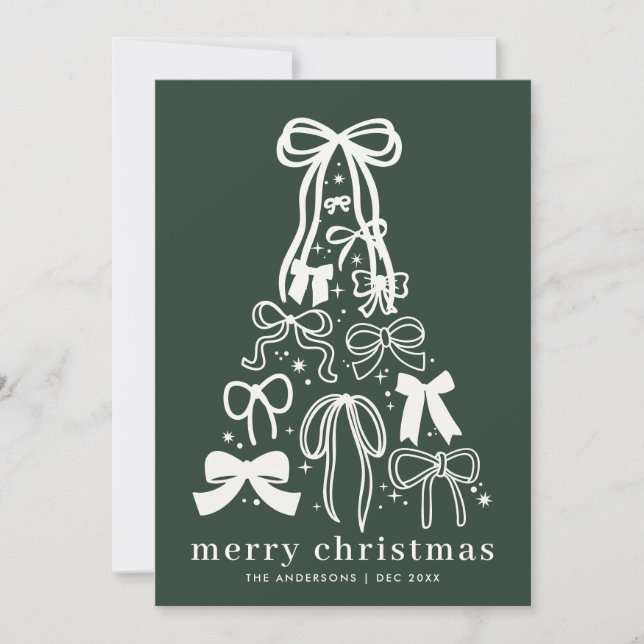 Modern Ribbon Bows Green Christmas Holiday Card (Front)