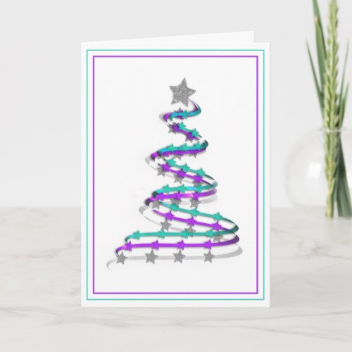 Modern Ribbon Christmas Tree Art Purple and Teal Holiday Card