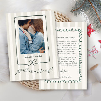 Modern Ribbon Hand Drawn Frame Photo Wedding Thank You Card