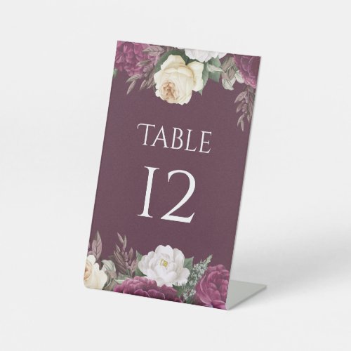 Modern Rich Burgundy Peonies Table Number Pedestal Sign