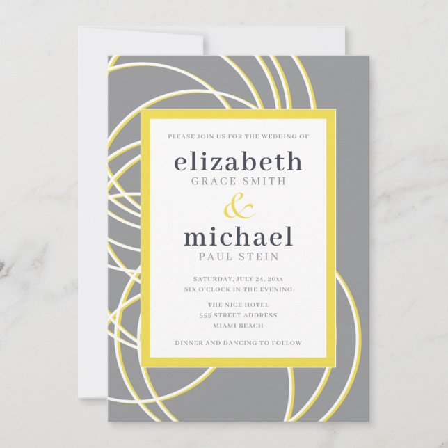 Modern Rings Elegant Yellow and Gray Wedding Invitation (Front)