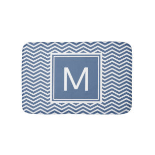 Modern Riverside Blue Chevrons and Monogram Bathroom Mat