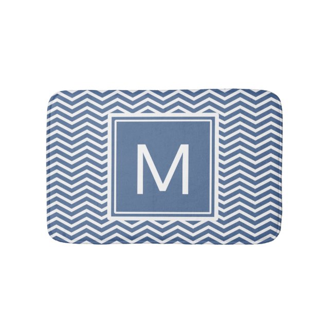 Modern Riverside Blue Chevrons and Monogram Bathroom Mat (Front)