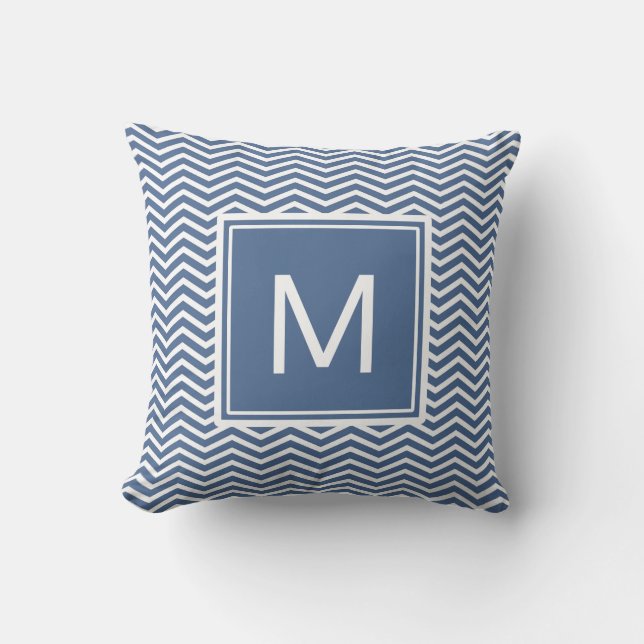 Modern Riverside Blue Chevrons and Monogram Throw Pillow (Front)