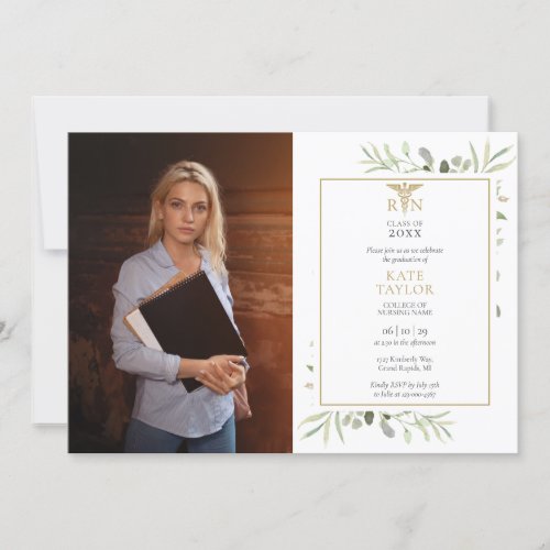 Modern  RN Nursing Graduation Greenery Photo Invitation