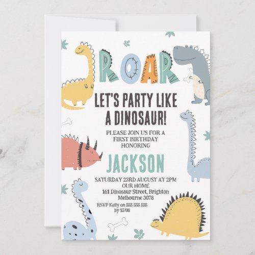 Modern Roar Dinosaur 1st Birthday Invitation