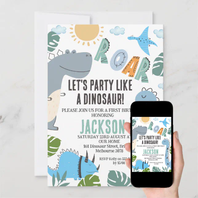 Modern Roar Dinosaur Party 1st Birthday Invitation | Zazzle