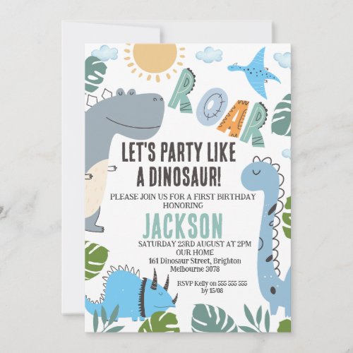 Modern Roar Dinosaur Party 1st Birthday Invitation