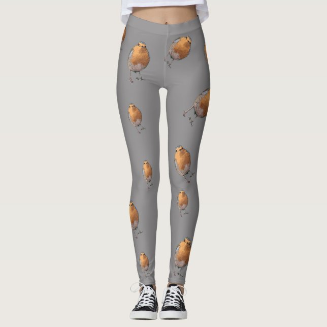 Modern Robin birds redbreast gray Leggings (Front)