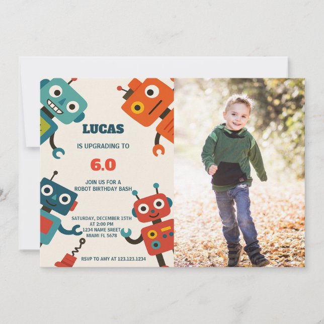 Modern Robot Birthday Invitation with photo (Front)
