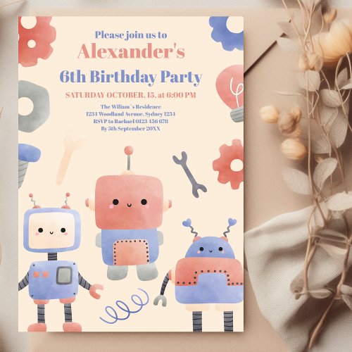 Modern Robot Boys Birthday Party Invitation