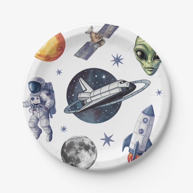 Modern Rocket Ship Space Planet Birthday or Shower Paper Plates (Front)