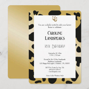 Modern Rodeo Birthday Black Gold Cow Print Invitation