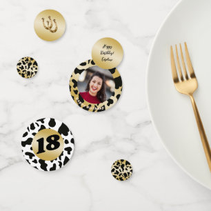 Modern Rodeo Birthday Black Gold Cow Print Photo Confetti