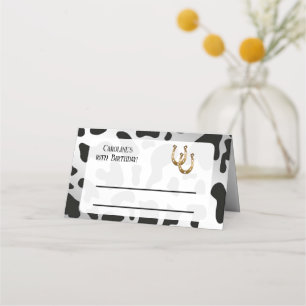 Modern Rodeo Birthday Black Silver Cow Print Place Card