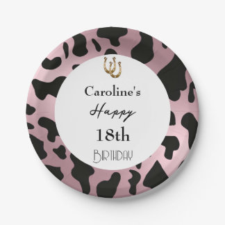 Modern Rodeo Birthday Rose Gold Cow Print Paper Plates