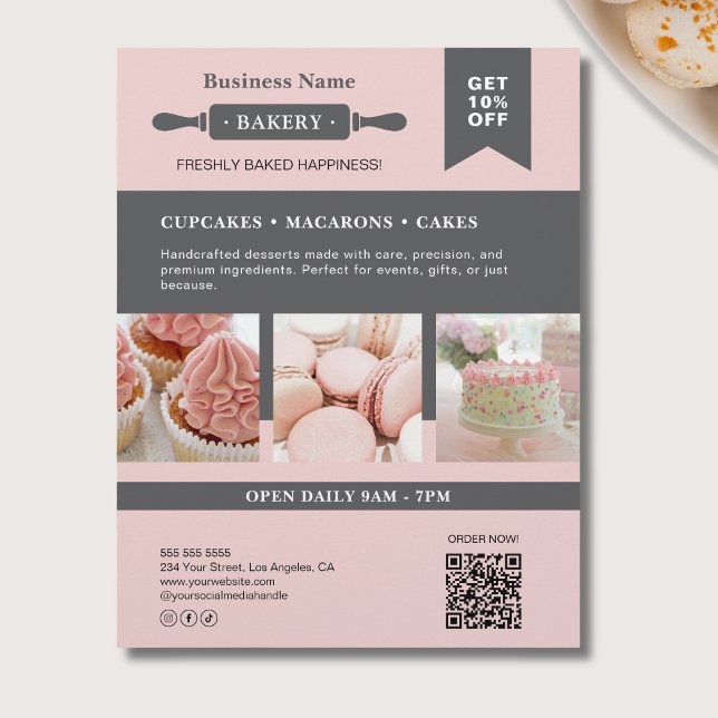 Modern Rolling Pin Pink Gray Bakery Business Flyer (Modern Rolling Pin Pink Gray Bakery Business Flyer)